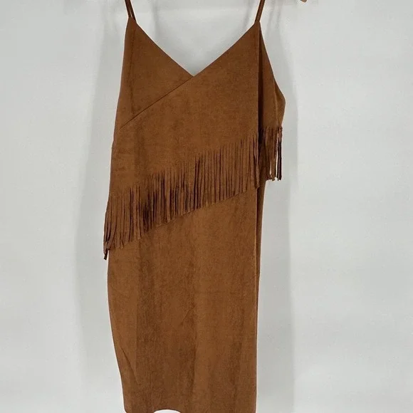 Faux Suede Fringe Dress Sleeveless Western‎ Style Brown - Picture 2 of 10